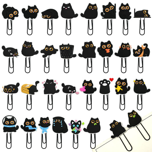 Cute Paper Clips, 30Pcs Black Cat Bookmark Paperclips Bulk Metal Fun Cute Cat Planner Clip Charms Clamp Desk Accessories Stationery Colorful Office Supplies Gifts for Student Teacher Party Decorative