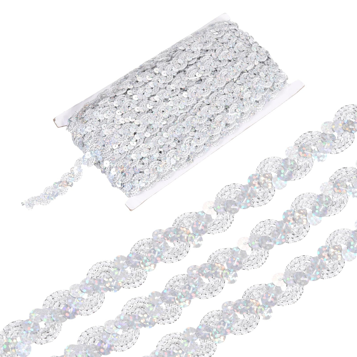 MECCANIXITY 27 Yard Sequins Beaded Lace Trim 0.6 Inch Wave Sequin Braid Trim Strip Paillette Ribbon for Crafts, Embellishments, DIY Sewing Costume, Bling Silver