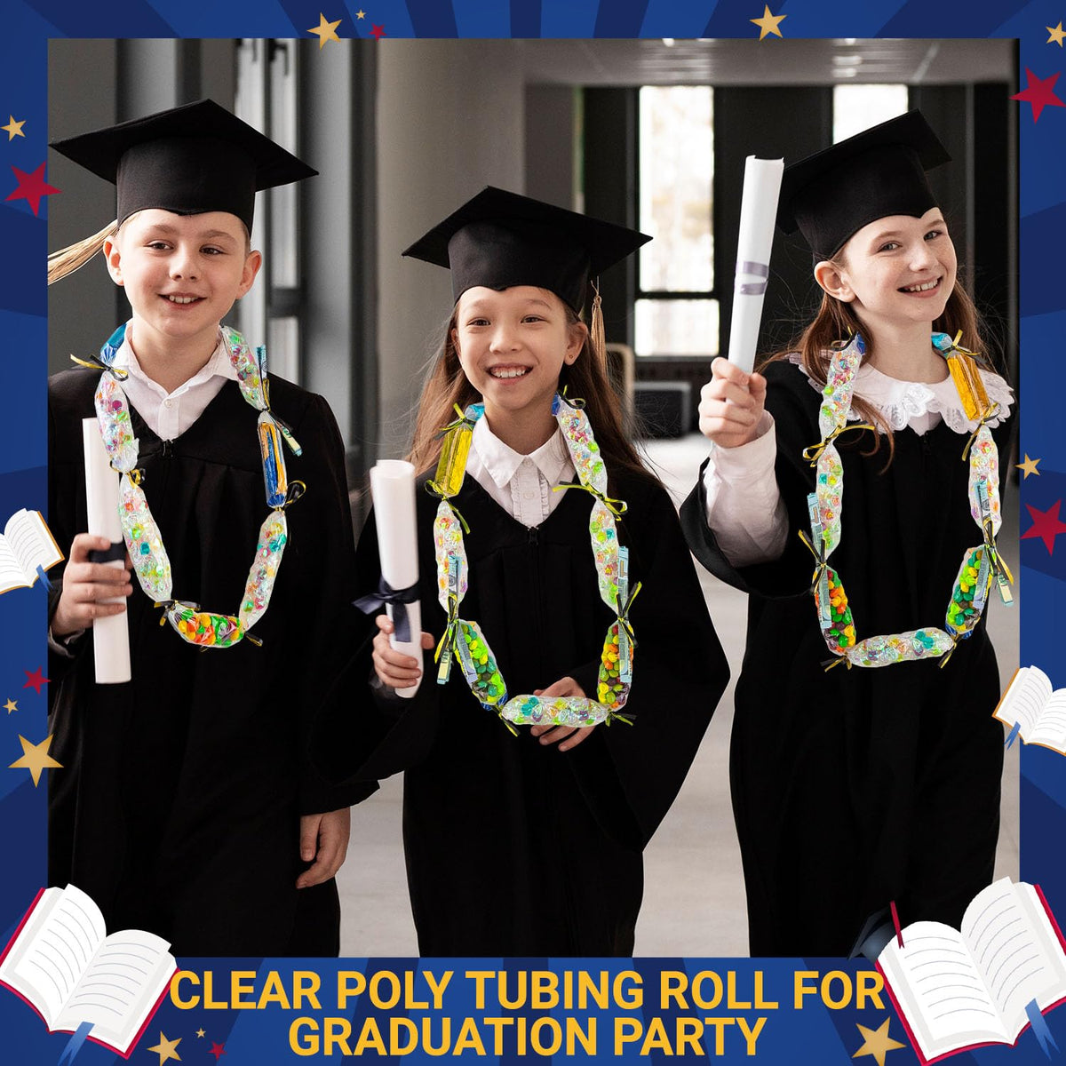 Candy Lei Poly Tubing, 2 Inch x 1000 ft Clear Graduation Candy Lei Making Kit with 2 Rolls 500 YD Ribbon, Clear Shipping Poly Tubing for DIY Graduation Wreaths Packing Snacks