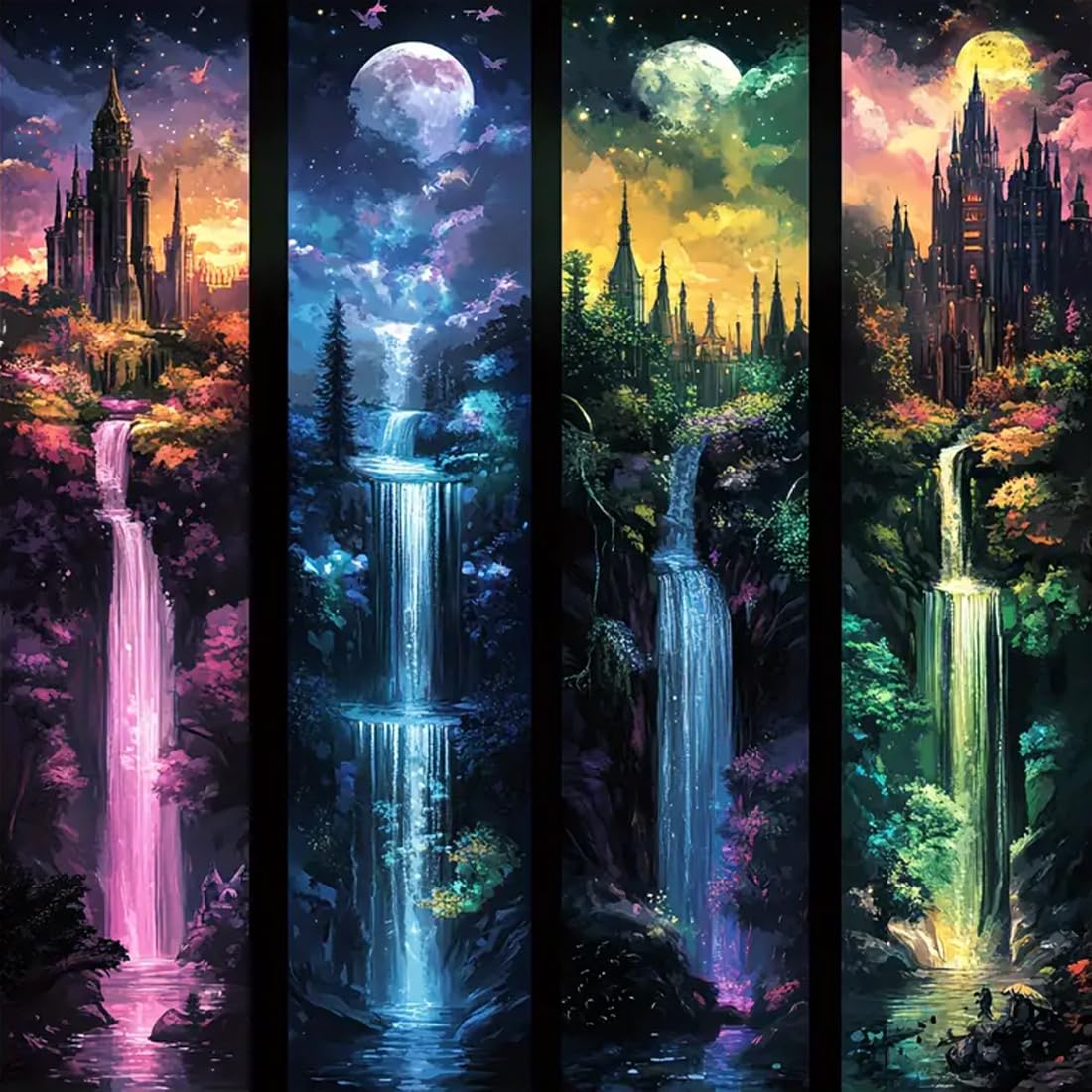 Moon With Castle Waterfall Diamond Painting Kits for Adults,5D Full Drill Mosaic Diamond Art Kits for Beginner, DIY Diamond Dots Paintings With Arts Craft For Adults Home Decor 13.8×13.8Inch