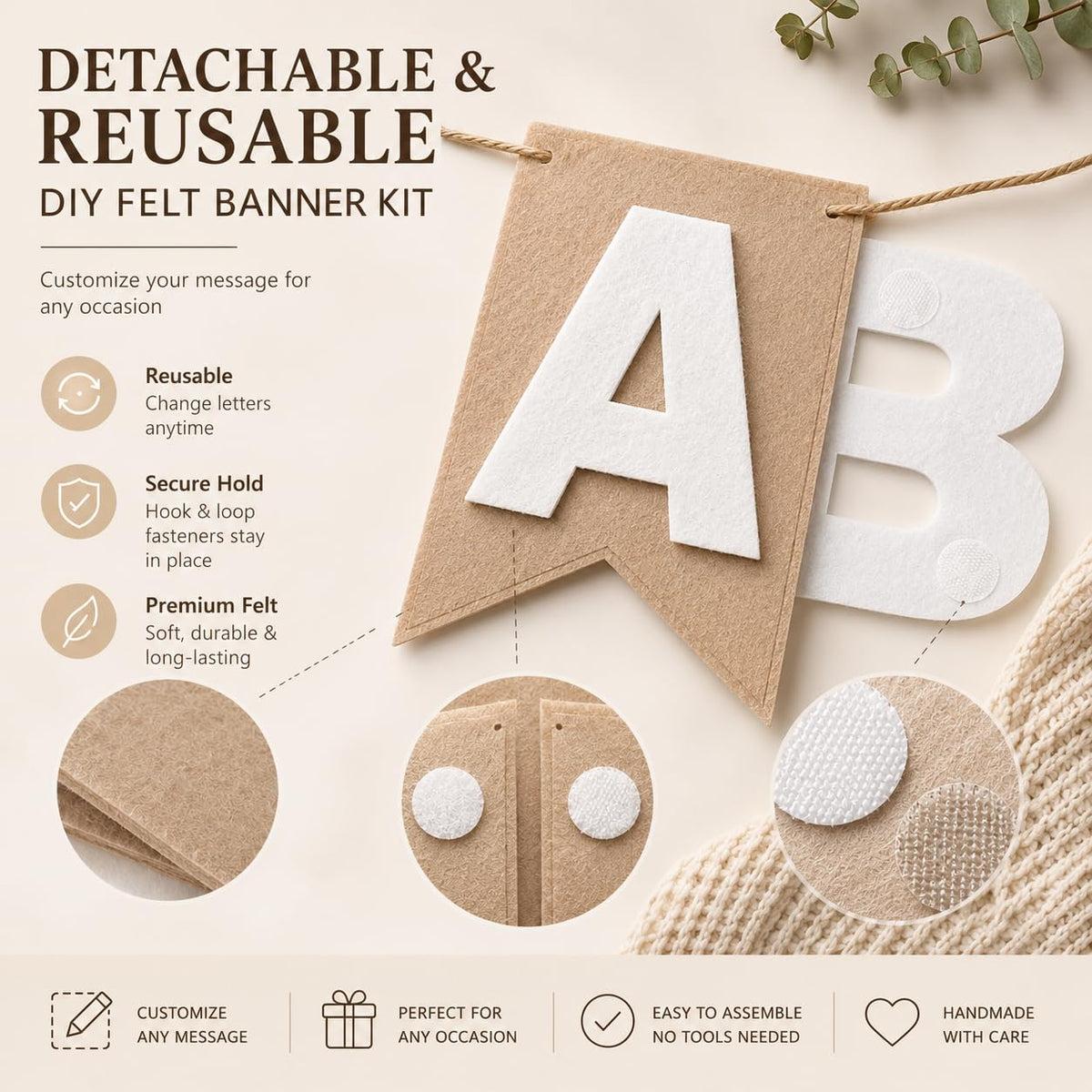 DIY Felt Banner Kit for Custom Messages, Reusable Customizable Party Banner with Detachable Letters, 28 Pennants, Hook & Loop Dots & Jute Rope for Birthday, Graduation, Baby Shower