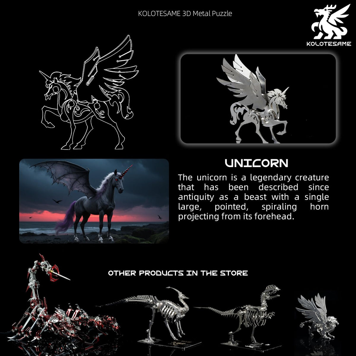Kolotesame Mythical Unicorn 3D Metal Puzzle Model for Adults, DIY Animal Sculpture 3D Model Kit Immersive Creative Building Model Art Desk Decor