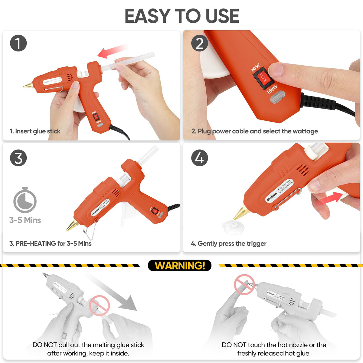 ROMECH Full Size Hot Glue Gun with 60/100W Dual Power and 21 Hot Glue Sticks (7/16"), Fast Preheating Heavy Duty Industrial Gluegun with Storage Case for Crafting, DIY and Repairs (Orange)