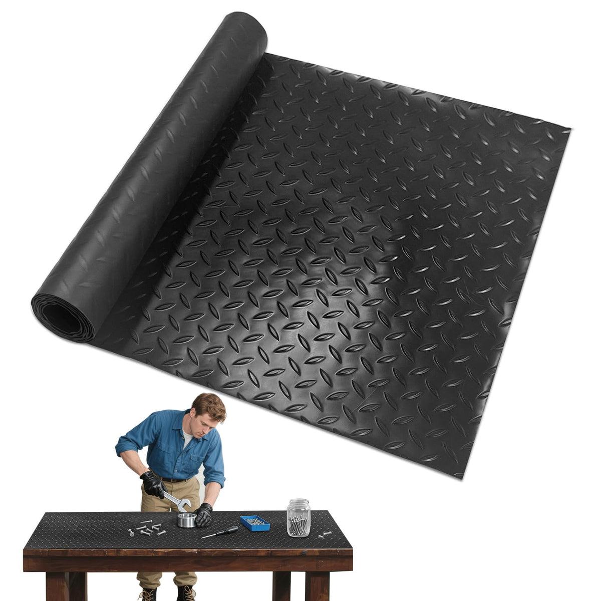 48" x 17" Work Bench Pad PVC Workbench Mat with Non-Slip Steel Plate Texture, 1.5mm Thick Scratch & Stain Resistant Surface for Woodworking, Crafting, DIY Projects and Tool Protection