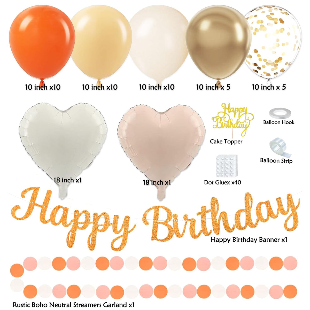 Orange-Peach Fall Boho Birthday Party Decorations - 62pcs Happy Birthday Banner, Beige Rustic Paper Lanterns, Streamers, Tissue Pom Poms, Burnt Orange Apricot Party Balloons, Fall Backdrop Decor
