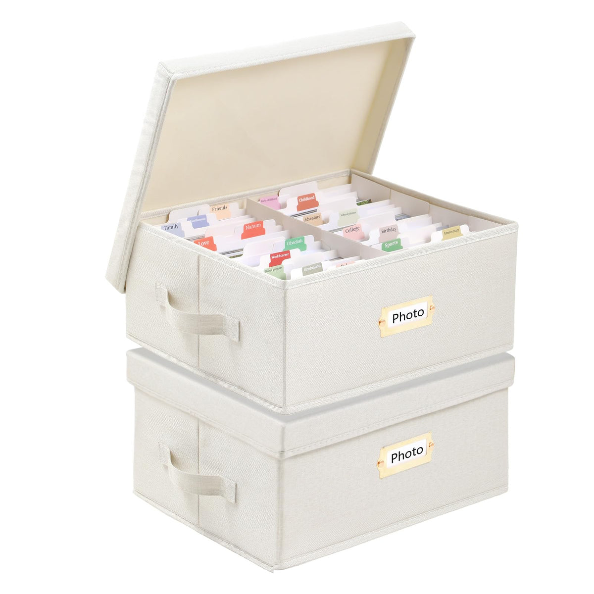 Aokeyee 2PC Photo Storage Box - Decorative Linen Memory Organizer for 4x6 Pictures, Keepsake Box with Dividers & Labels, Holds 3400+ Photos