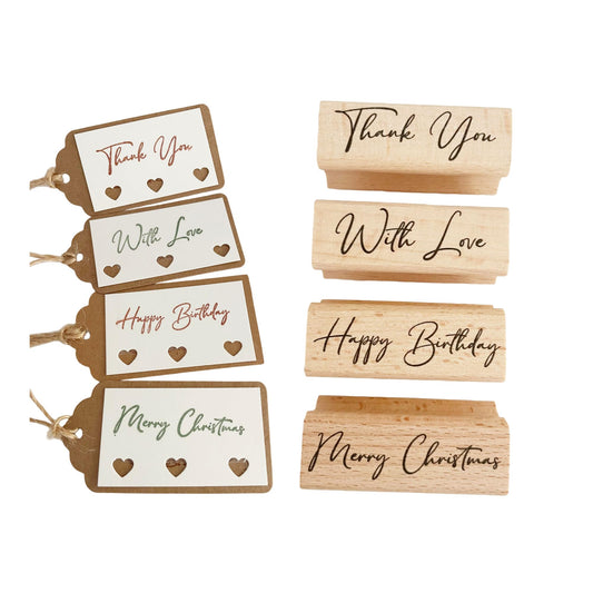 Greeting scrpt Rubber Stamp Set 4PC– Thank You Rubber Stamp Set with Wooden Block-with Love, Happy Birthday, Merry Christmas Stamps for Gift Tags, Packaging, Cards & Small Business Supplies
