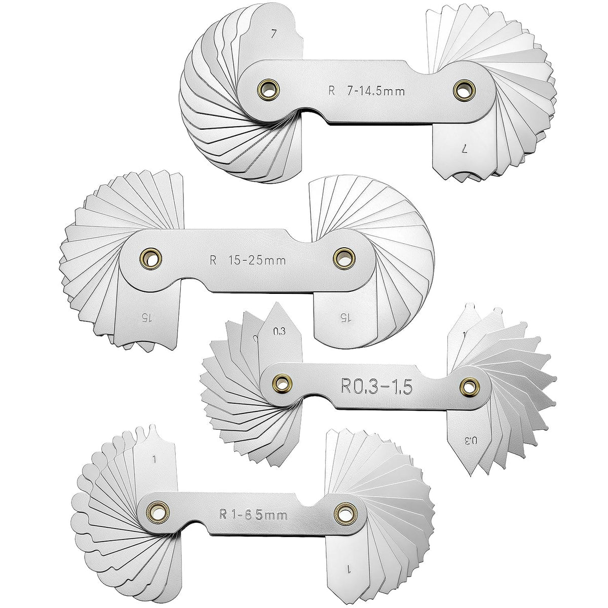 QWORK 4 Pack Radius Gauge Set, Precision Stainless Steel Measurement Tool for Convex & Concave Surfaces, R0.3-1.5mm/ R1-6.5mm/ R7-14.5mm/ R15-25mm