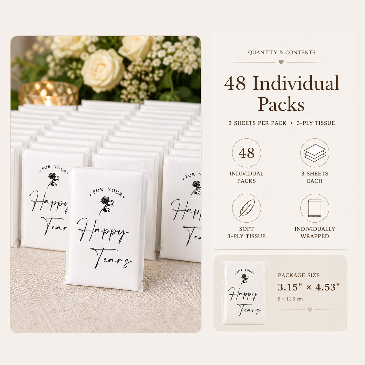DORIS HOME Happy Tears Tissue Packs, 48 Count, 3-Ply Individual Facial Tissues for Wedding Guests, Ceremony, Reception, Bridal Shower