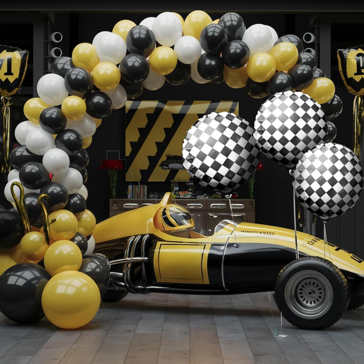 Black White Yellow Balloon Arch Kit,Balloons Garland Kit with Black White Checkered Star Balloons for Boys 1st Birthday Party Decorations
