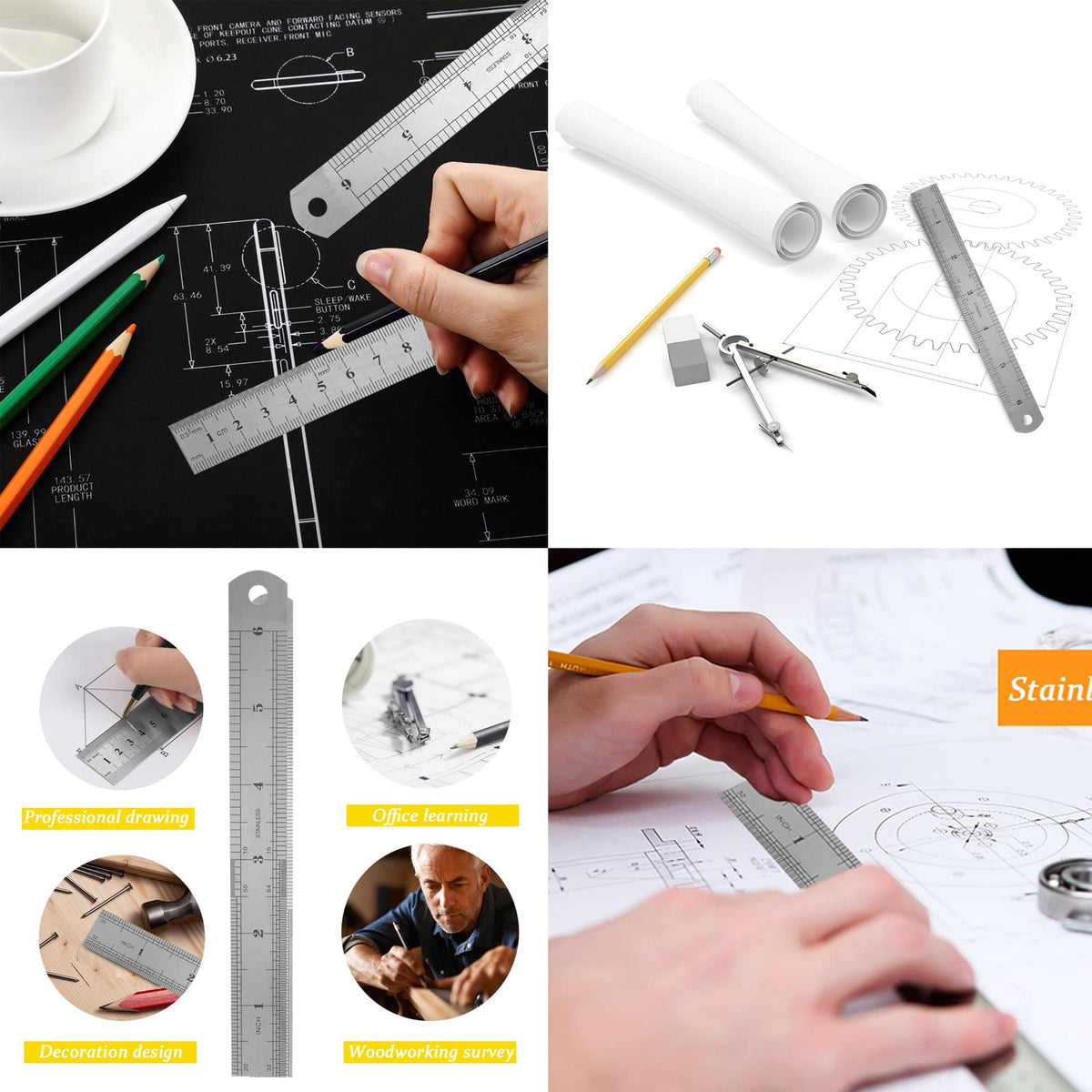 6 Inch Metal Ruler Set Stainless Steel Straight Edge Rules with Inch/Metric Scale, 10 Pack