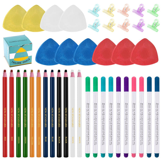 Swpeet 43Pcs Sewing Tools Kit, 10Pcs Professional Tailor's Chalk and 12Pcs Sewing Mark Pencil with 12Pcs 5 Color Disappearing Erasable Ink Fabric Marker Pen and 10Pcs Plastic Clips for Sewing Marking