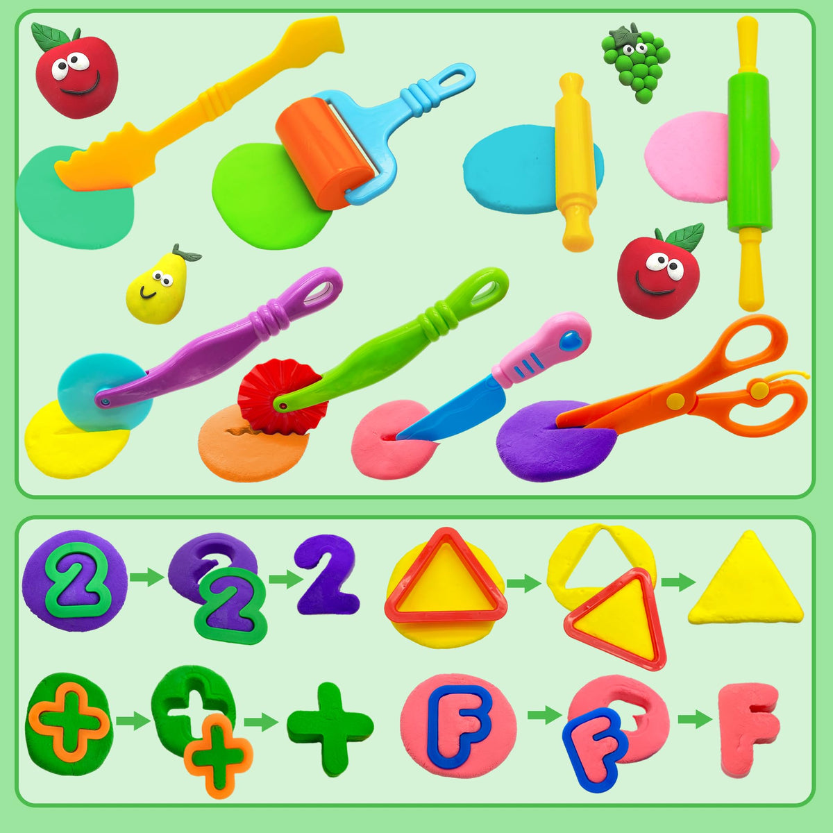iShyan Dough Tools 55 PCS Dough Play Tools Set for Kids, Plastic Alphabet Numbers Shapes Cutters, Rollers, Scissors