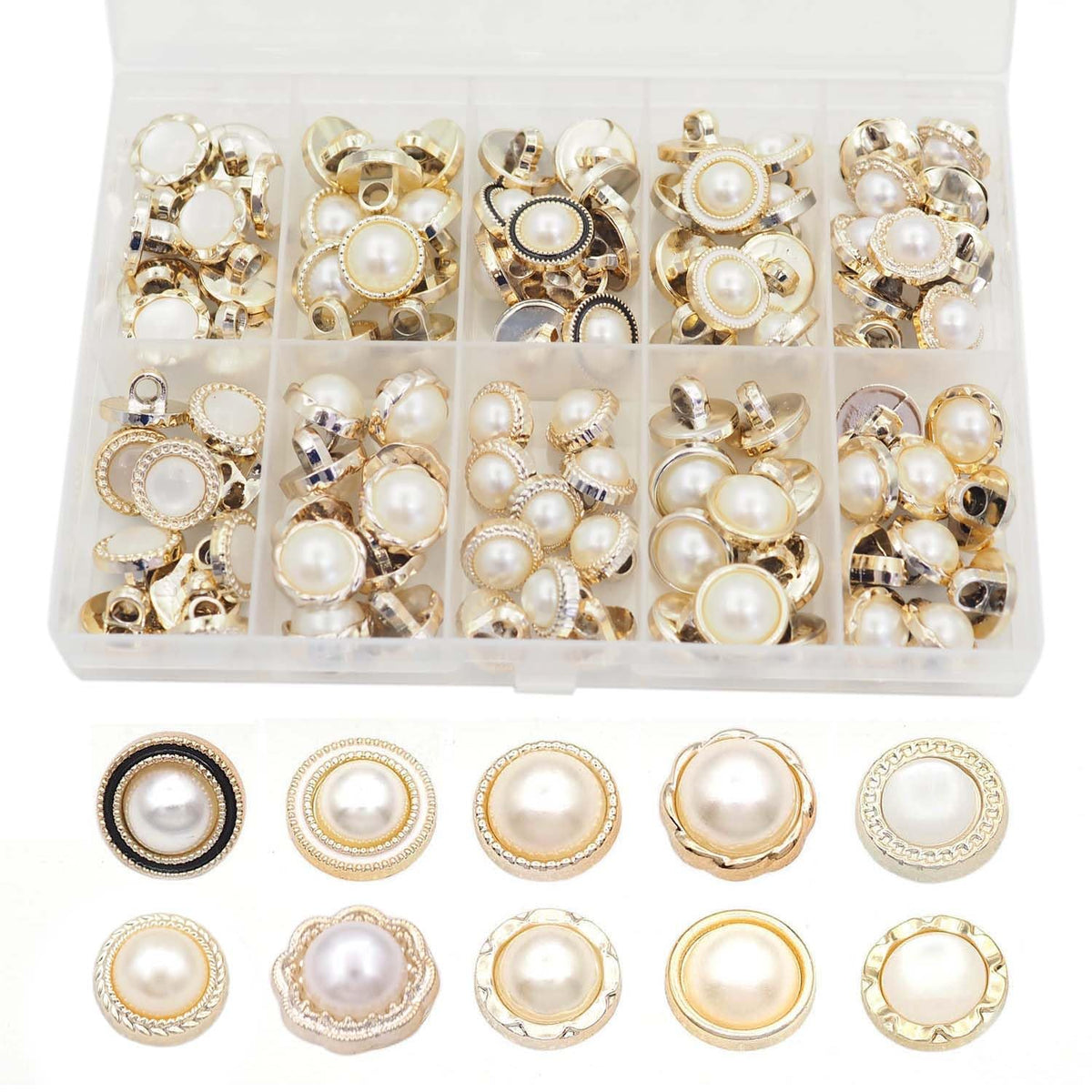 Youmeizer 100PCS(10 Styles) Resin Button Decorated with Artificial Pearls for Crafting· Sewing Replacement·Replacement·Knitting Sweaters Handmade Crafts It's stored in a Plastic Box (Gold)