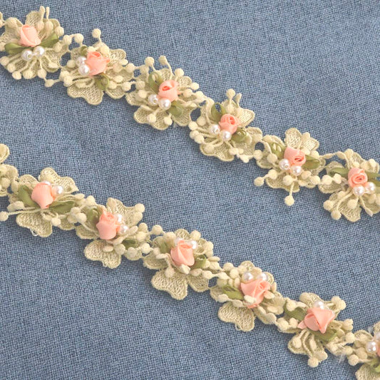 Kuasting 2 Yard Vintage Pearl Flower Ribbon Scallop Edge Trim Lace Fabric Sewing Lace Trim Handmade DIY Sewing Supplies for Dress Embellishment (Small Pearl lace)