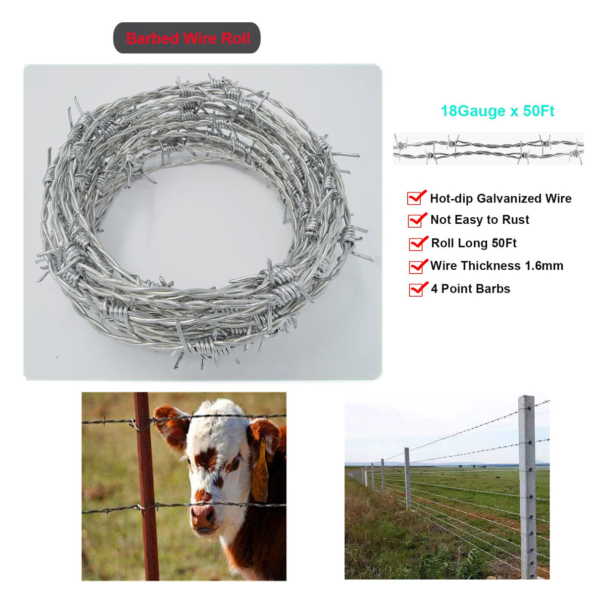 YAGJIA Barbed Wire 50 Ft, 4 Point Barbed Wire Fence, Hot-Dip Galvanized Barb Wire Roll, 18 Gauge Strong and Flexible Wire for Crafts Baseball Ball and Yard Garden