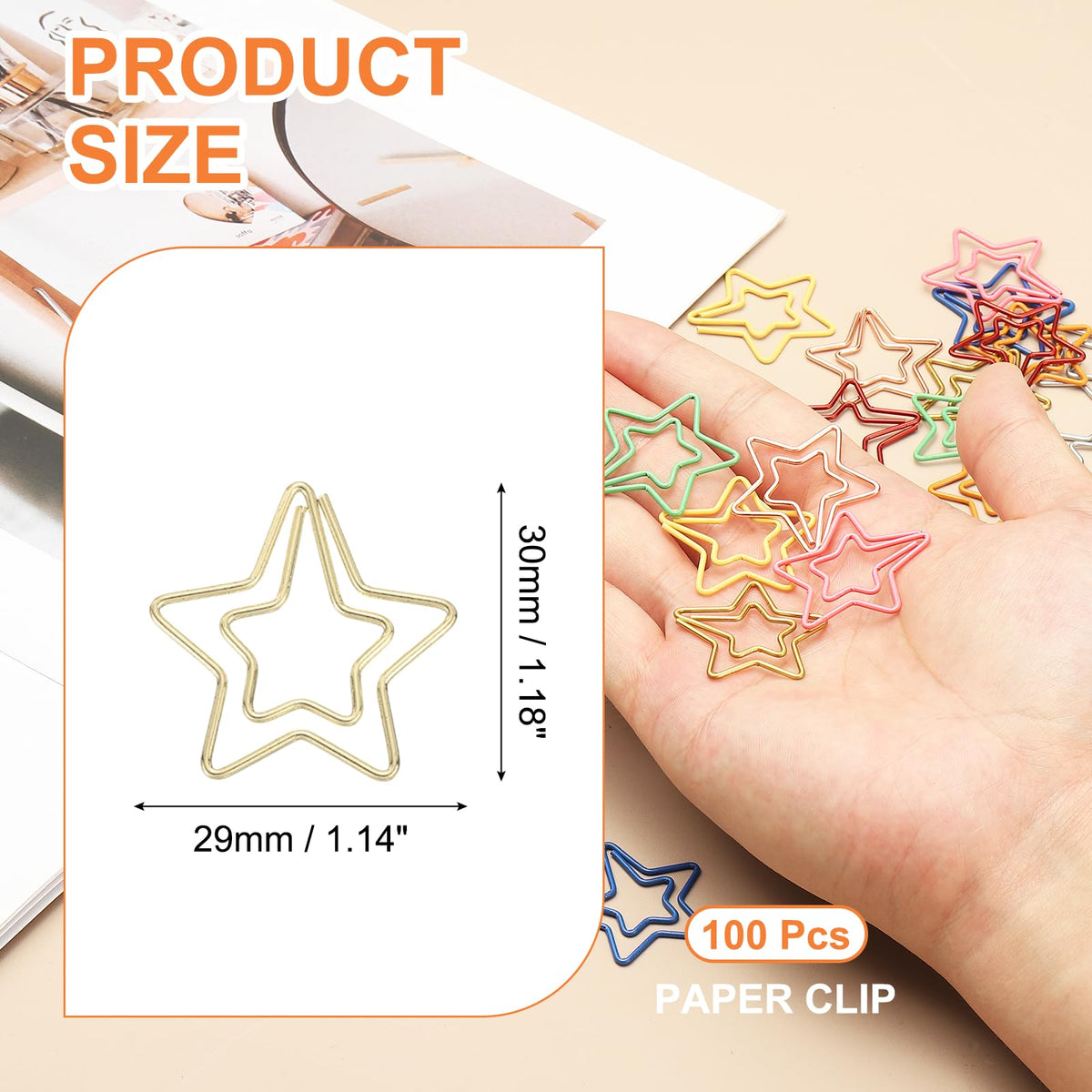 PATIKIL 100pcs Paper Clip, Star Paper Clip Small Cute Rust-Proof Metal Planner Bookmarks for Office Home Rust-Proof Metal Planner Bookmarks for Office Home, 29mm, Bright Gold