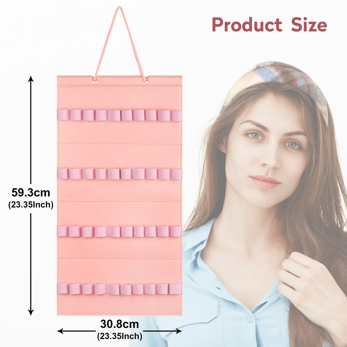 JOYMOMO Hanging Headband Holder for Girls, Felt Headband Organizer with 40 Slots (Pink)