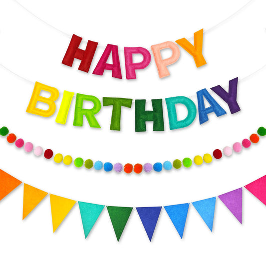 CANREVEL Pre-Strung 3D Rainbow Happy Birthday Banner, 3 PCS Happy Birthday Felt Sign, Pom Pom Garland, Triangle Fabric Bunting, Colorful Reusable Birthday Decorations for Women Men Girls Boys, Multi
