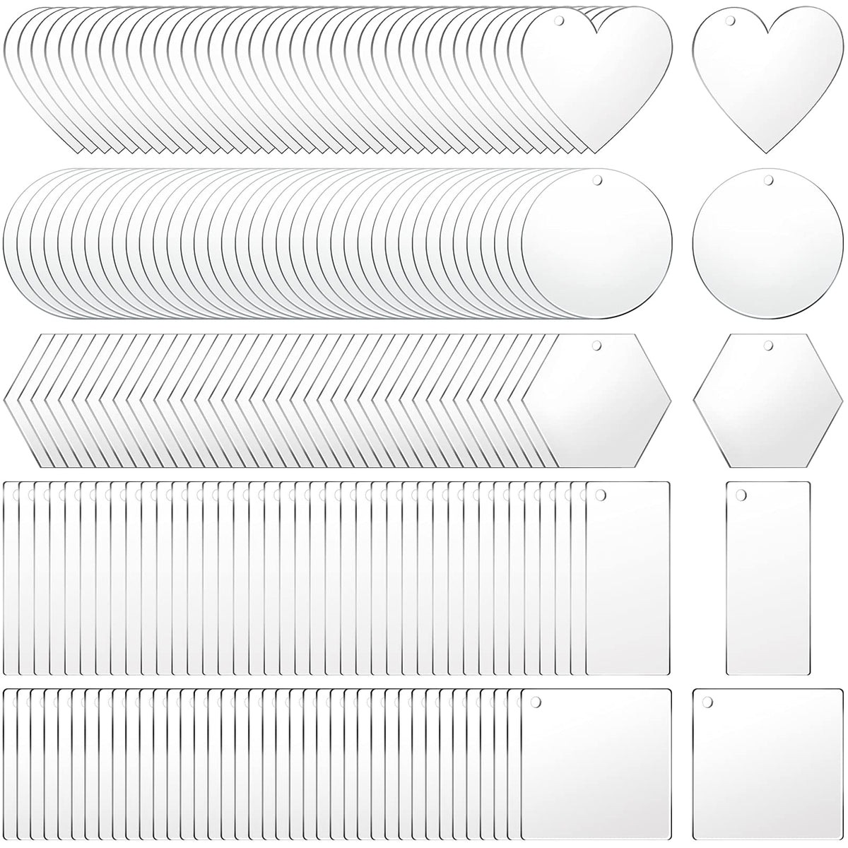 Sdfsdf 200 Piece Acrylic Keychain Blanks - Transparent Pendants in Circle, Heart, Square, Rectangle, Hexagon Shapes for DIY Crafts Projects (C-50)