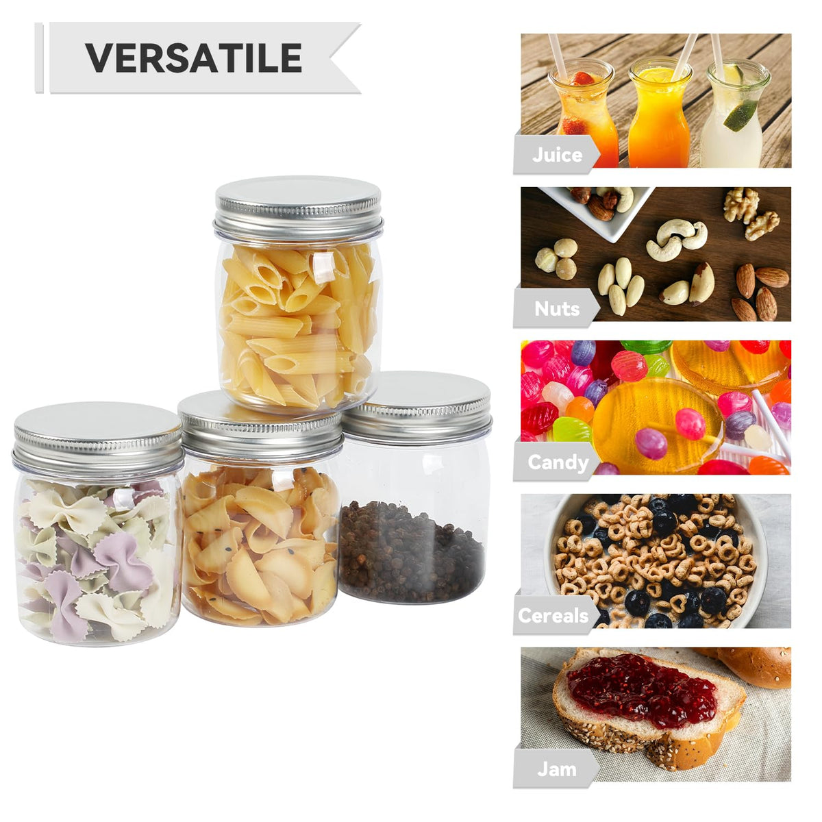 novelinks 8 oz Clear Plastic Mason Jars with Lids, 48 Pack Small Plastic Containers with Lids 8oz, Slime Containers with Lids & Spice Jars for Kitchen Organization (48 Pack,Silver)