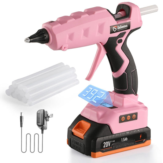 Full Size Cordless Glue Gun, GoGonova 20V Temp Adjust LCD Digital Display Fast Heating Accurate Dual Temp, Dripless Full Size Heavy Duty Hot Gun Kit with 12 Pcs Sticks (Battery Included)