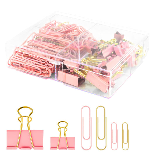 Creechwa Pink and Gold Paper Clips Binder Clips Set with Storage Box, 165 Psc, Assorted Size Decorative Office Clips, Cute Desk Accessories for School, Home Office, Planner, Journal and Documents