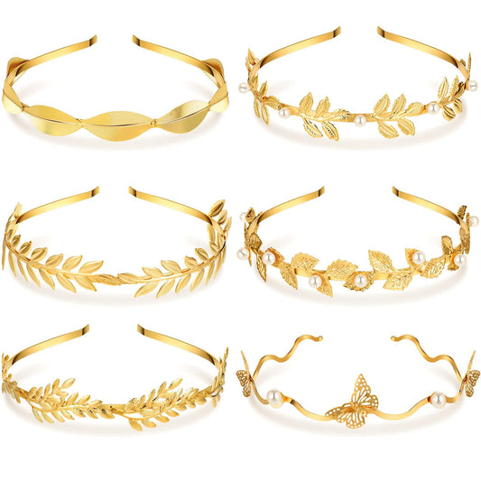 Kacctyen 6 Pcs Gold Leaf Wedding Headbands Set Flower Faux Pearls Headband Golden Bridal Tiara Greek Queen Crown Headpiece Metal Laurel Leaf Hairband for Women Costume Hair Accessories