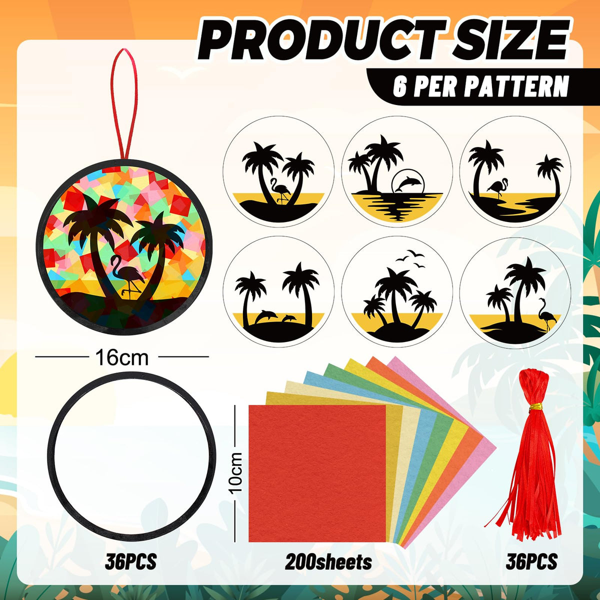 AnyDesign 36 Sets Summer Beach Suncatcher Paper Crafts Kit Tropical Palm Tree DIY Tissue Paper Crafts Hanging Ornament for Stained Glass Window Hawaiian Party Classroom Decor