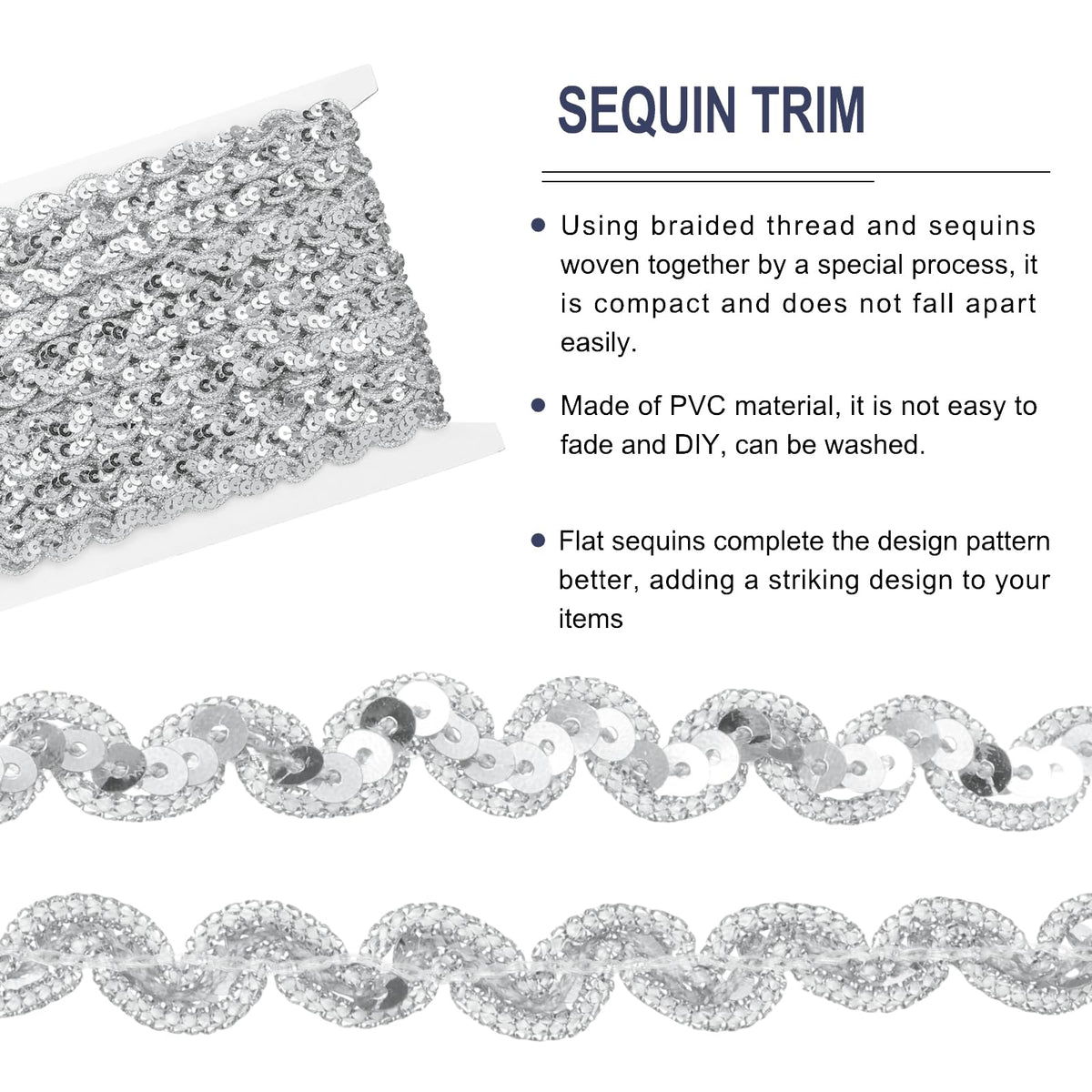 MECCANIXITY 15 Yards Sewing Sequin Trim 0.4 Inch Sequin Braid Beaded Lace Trim Strip Paillette Ribbon for Crafts, Embellishments, DIY Sewing Costume Silver