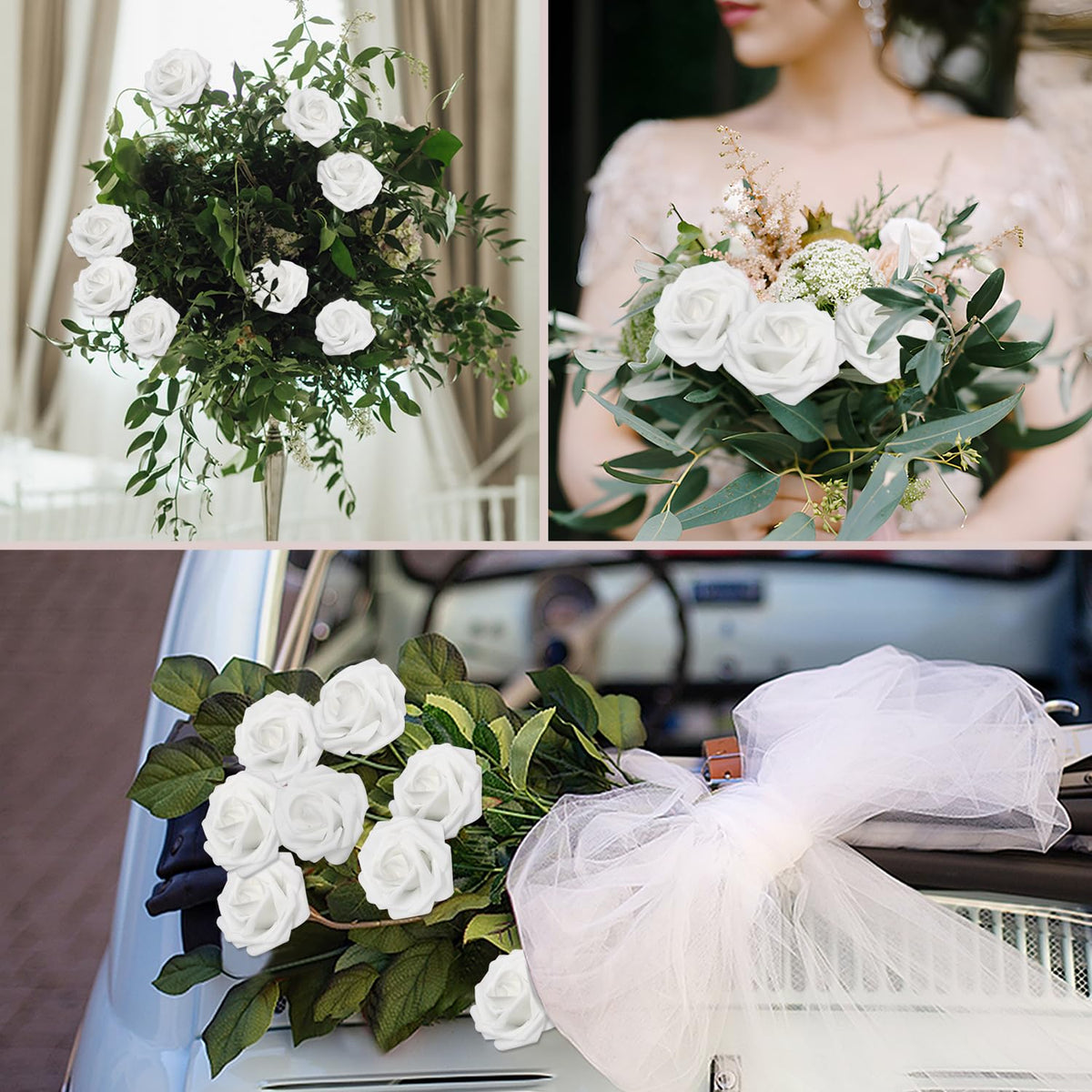 WANTMAZOR 200PCS Artificial Flowers White Roses Real Looking Foam Fake Roses with Leaves and for DIY Wedding Bouquets Bridal Shower Centerpieces Party Decorations (White, 200)
