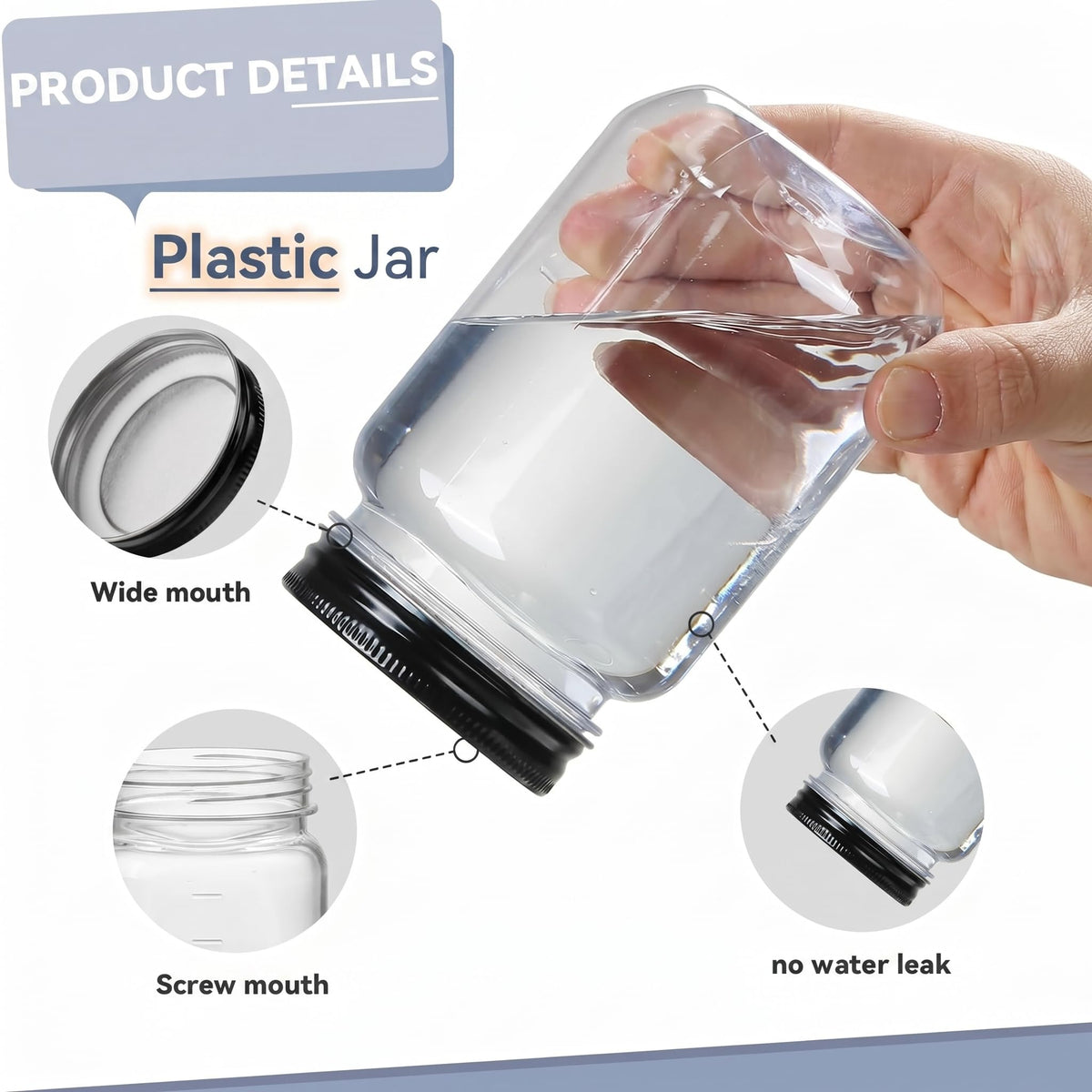novelinks 16 oz Plastic Mason Jars with Lids, Refillable Clear Plastic Jars with Lids 16oz & Reusable Empty Storage Containers with Lids (Black,8 Pack)