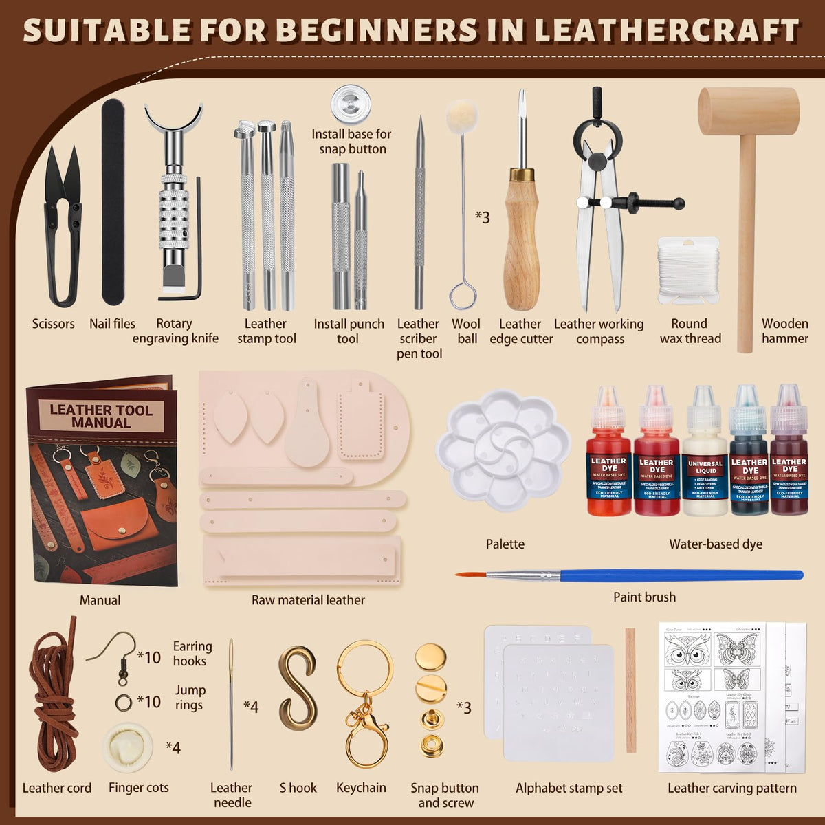 Leather Crafting Kit: Leather Working Tools and Supplies for DIY Craft Beginners Stamping Dyeing Carving Sewing Edge Sealing with Video Tutorials for Earrings Wallet Keychain Wristband Bookmark