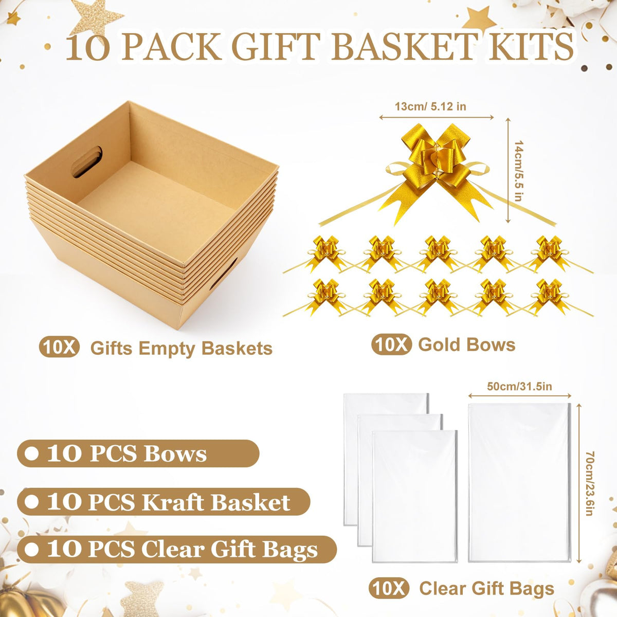 AFOROEOA 10PACK Baskets For Gifts Empty, 10 x 8”Thick Kraft Gift Basket with 10 Clear Gift Bags and 10 Pull Bows, Empty Gift Baskets for Christmas, Thanksgiving Wedding Birthday Party Wrapping Gift