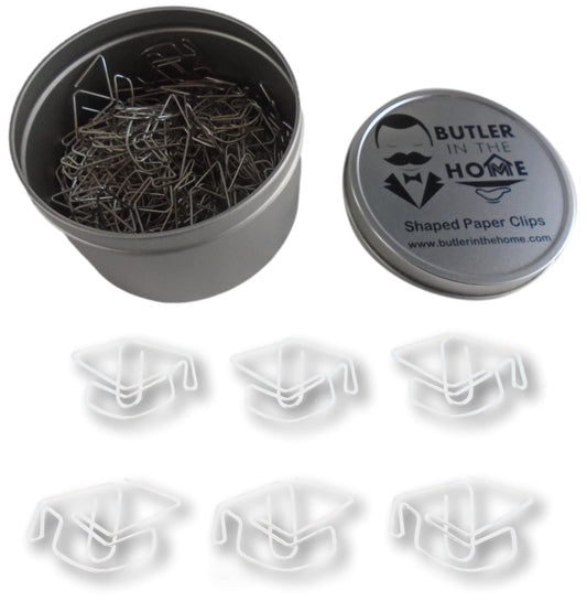 Graduation Cap Shaped Paper Clips 100 Count – Silver Decorative Paper Clips in Tin – Graduation Party Favors, Desk Accessories – Butler in the Home