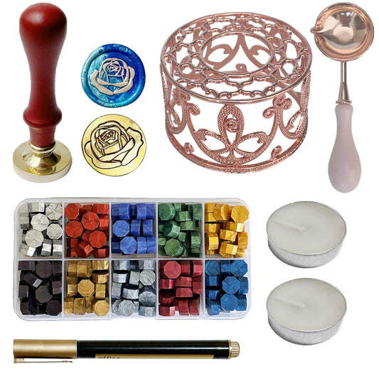 MINGYUESKY Sealing Wax Kit, Wax Seal Warmer with 10 Colors 200pcs Beads, Spoon, Metallic Pen and Candles, for Spring Gift and Decoration (Rose Stamp)