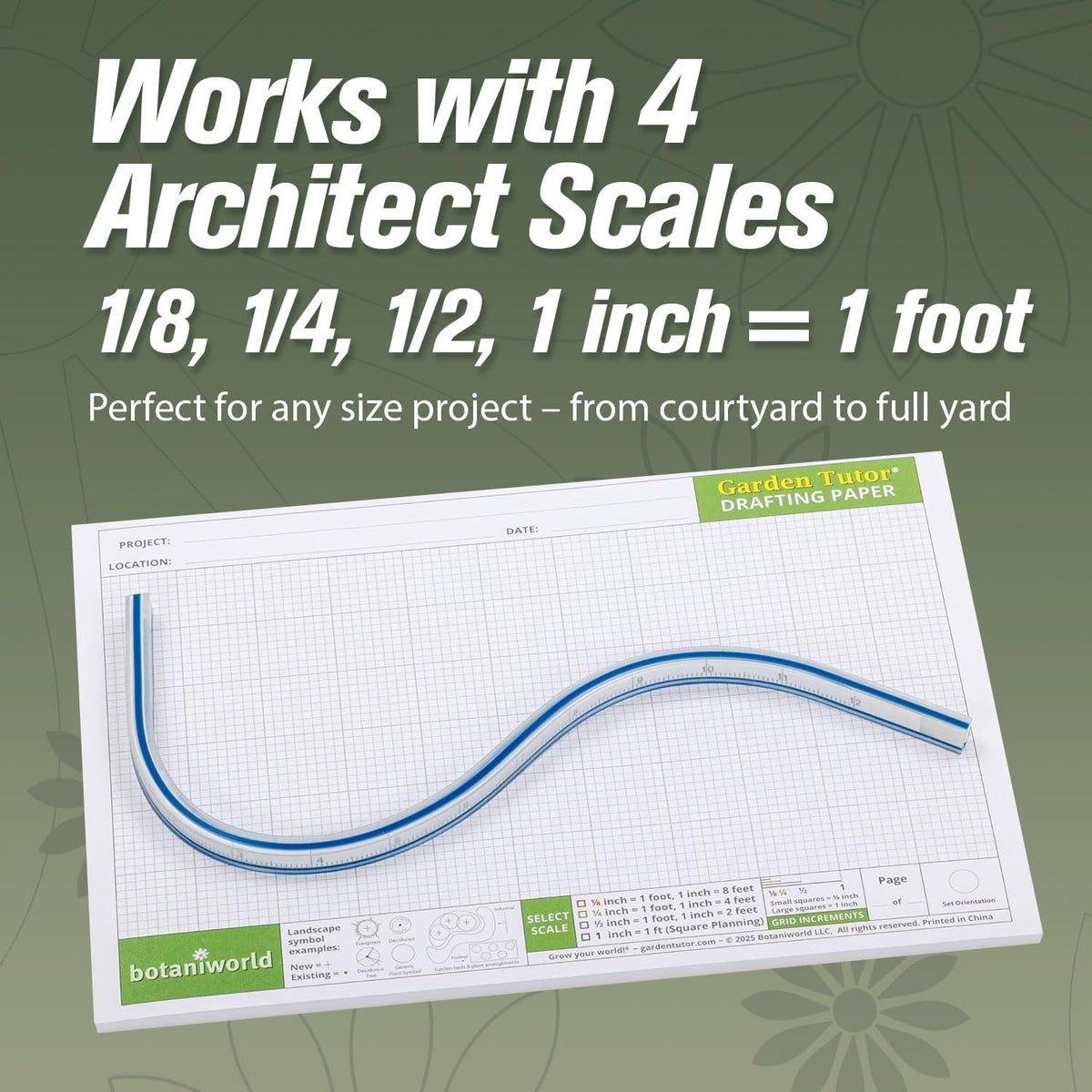 Garden Tutor Multiscale Garden & Landscape Design Kit – 2 Translucent Yellow Design Stencils, 12-Inch Flexible Curve Ruler, 40-Sheet Multi-Scale Graph Paper & Garden Design Guide