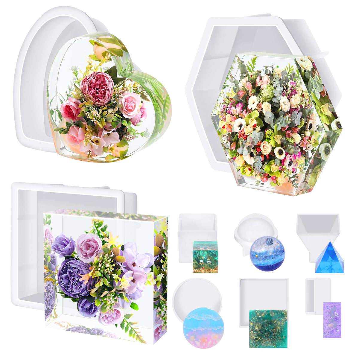 KISREL Large Resin Molds, 3 PCS Silicone Molds Kit for Resin Including Large Hexagonal and Square Heart Resin Mold, Epoxy Resin Molds for Flower Preservation Kit