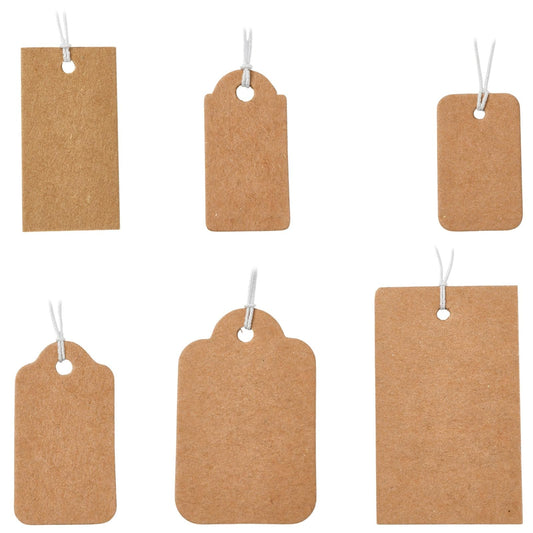 LiQunSweet Kraft Paper Gift Tags with Elastic Rope, 6 Styles, Multiple Sizes 25-50x15-30mm, 300 Pieces