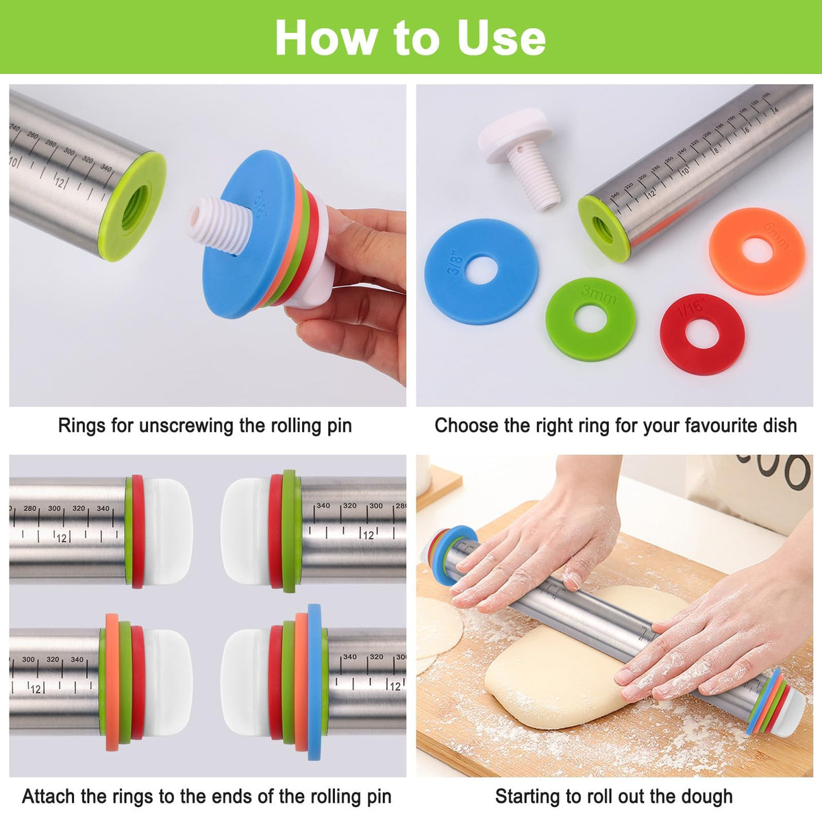 Rolling Pin with Thickness Rings and Silicone Baking Mat, Adjustable Stainless Steel Rolling Pins for Pasta or Sugar Decorating Cookies, Bread Making Tools Fondant Roller for Dough, Dumpling, Ravioli