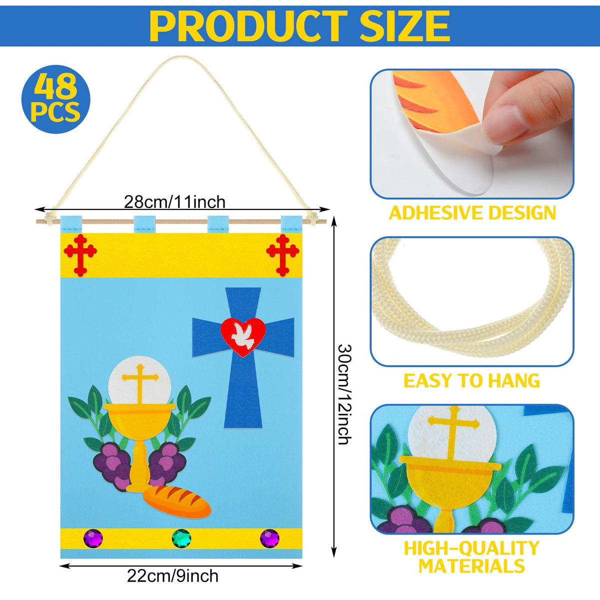 SmoothNovelty 48 Set First Communion Banner Kit Holy 1st Communion Banner Craft Felt First Eucharist Decorations Church School Catholic Crafts Bulk for Kids DIY Craft Pew Decor Supplies