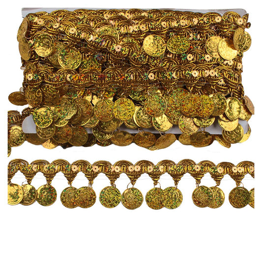 MIPPER 10 Yards Coin Shape Sequin Tassel Trim 1.77 Inch Width Fringe Lace Dance Dress Belt Chain DIY Clothing Ribbon (Gold)