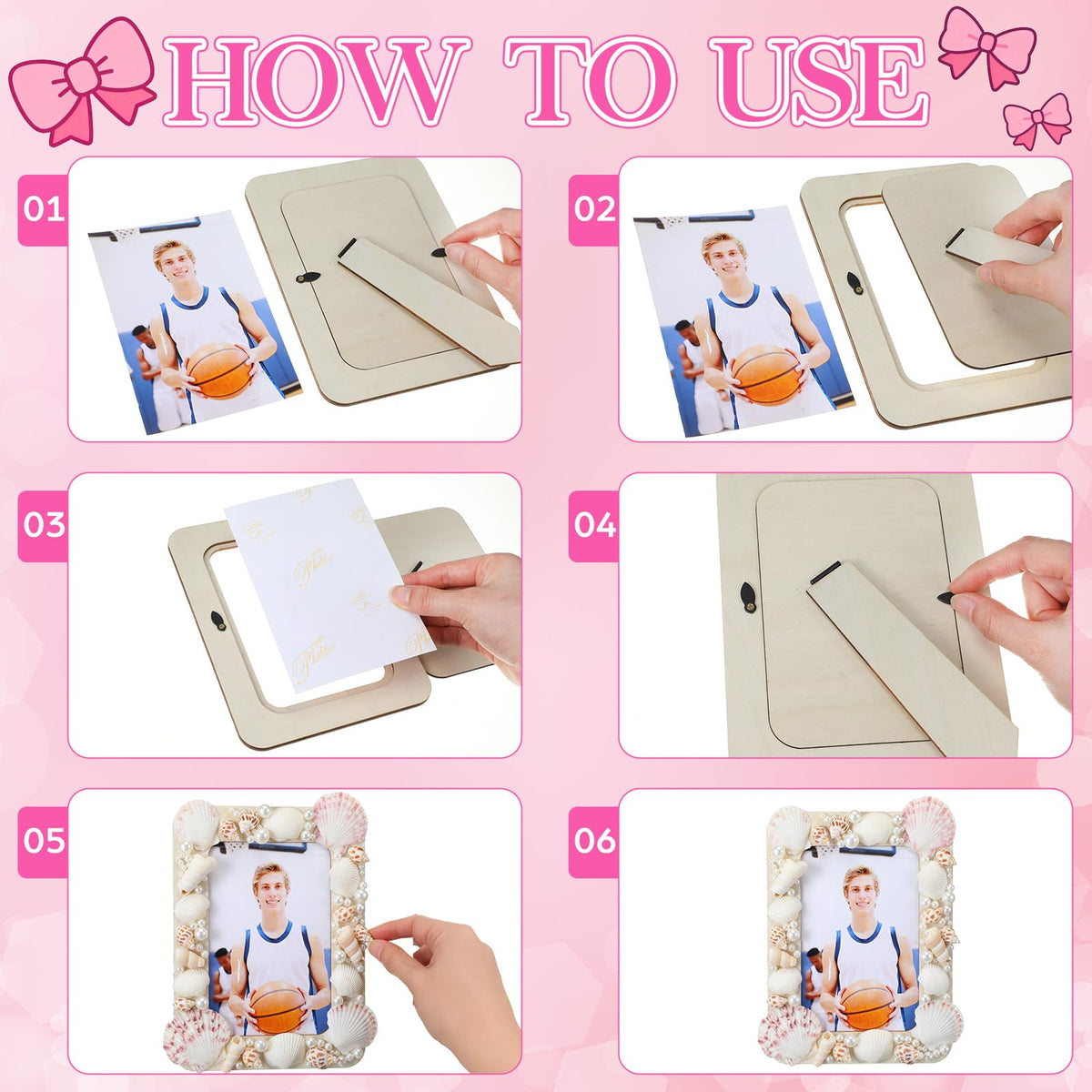 Yousoontic 10 Sets DIY Picture Frame Craft Kit for 4" x 6" Photos Unfinished Wooden Craft Photo Frames with Shells Pearls and DIY Tools Set Art Gift for Friends Family Summer Party Decoration
