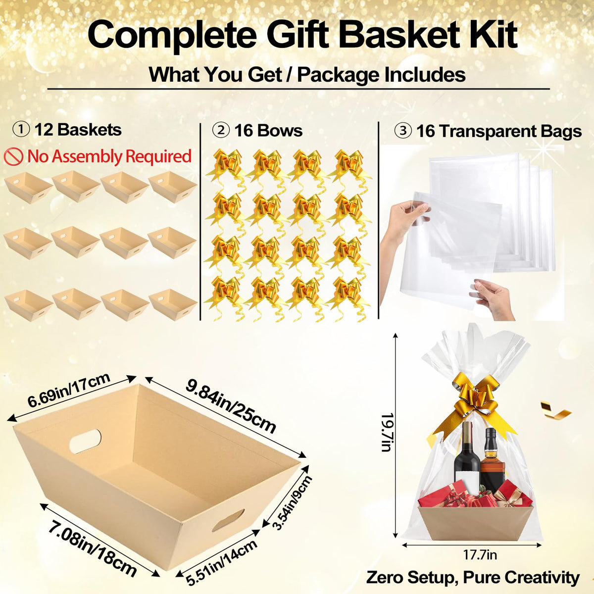 12 Pack Baskets for Gifts Empty, 10 x 7 x 3” Kraft Empty Gift Basket to Fill with 16 Cellophane Bags & 16 Pull Bows, Gift Baskets Bulk with Cellophane Wrap Set for Valentine’s Day, Christmas, Easter