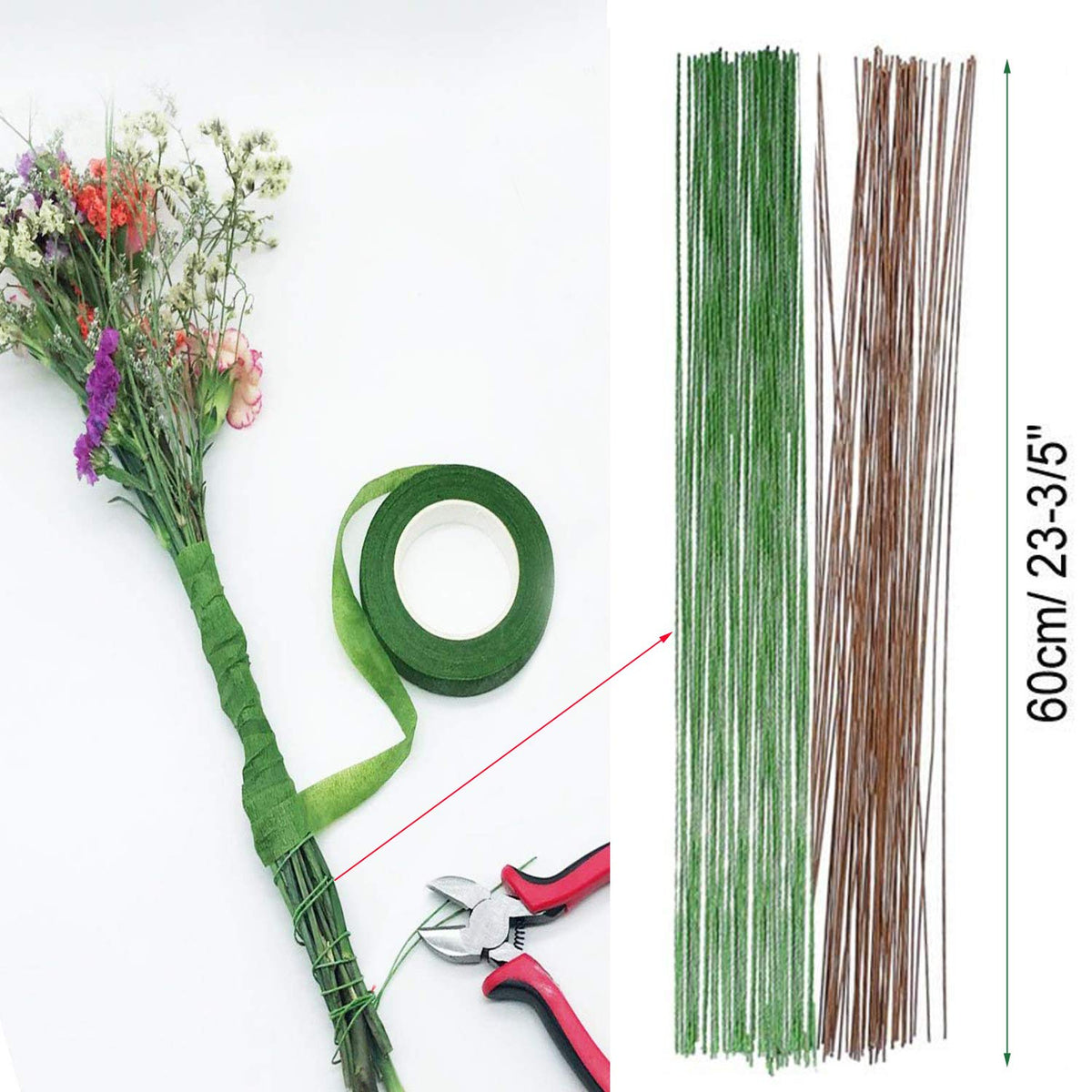 Floral Arrangement Tool Kit, Woohome 2 Style Tape Stem Wrap, 2 Style Floral Wire, Wire Cutter, Scissors and Head Pins for Wedding Bouquet DIY