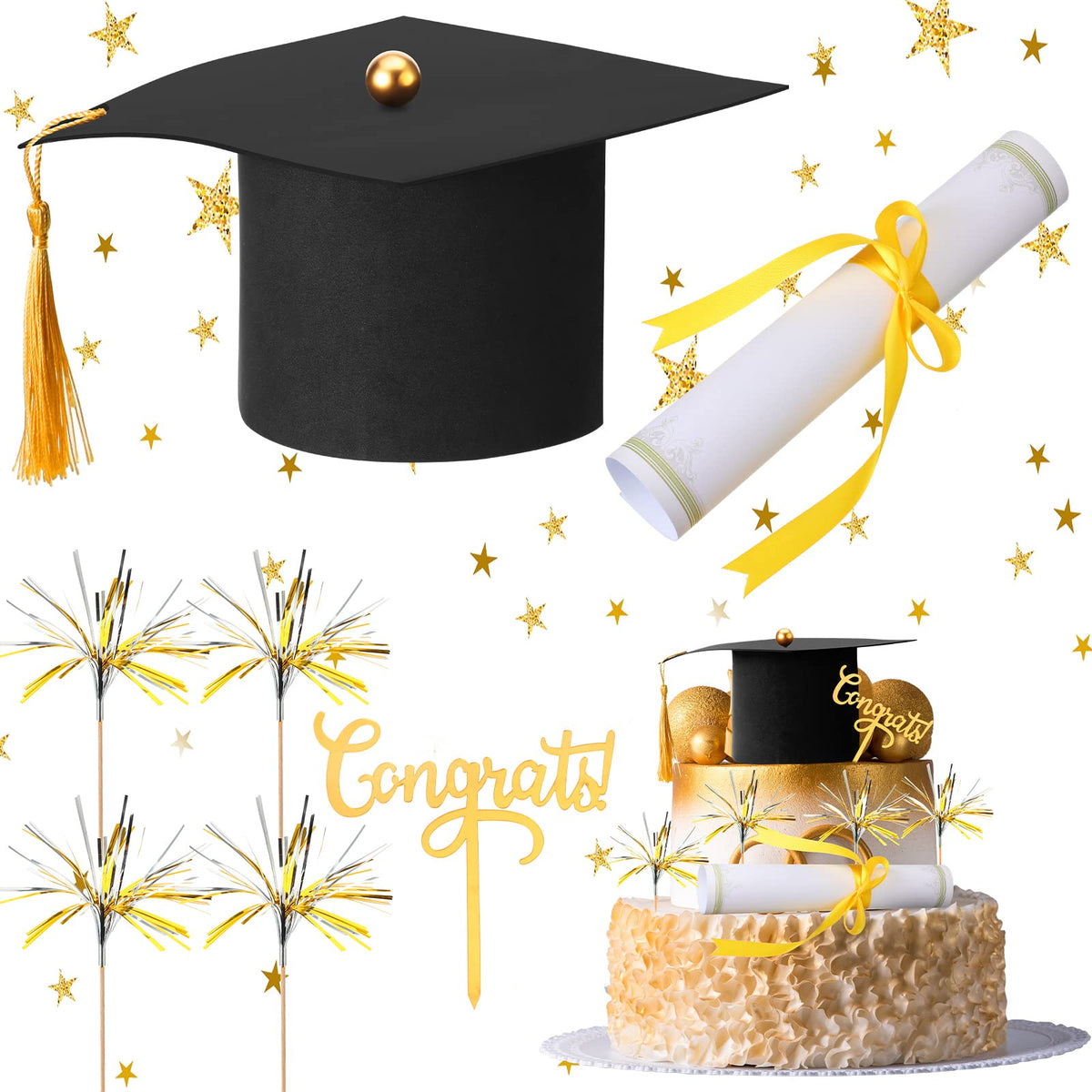 7 Pieces Graduation Cap Cake Topper Decorations Kit with Paper Diploma Congrats Cupcake Toppers Firework Food Topper for Graduation Party Cake Decoration Supply