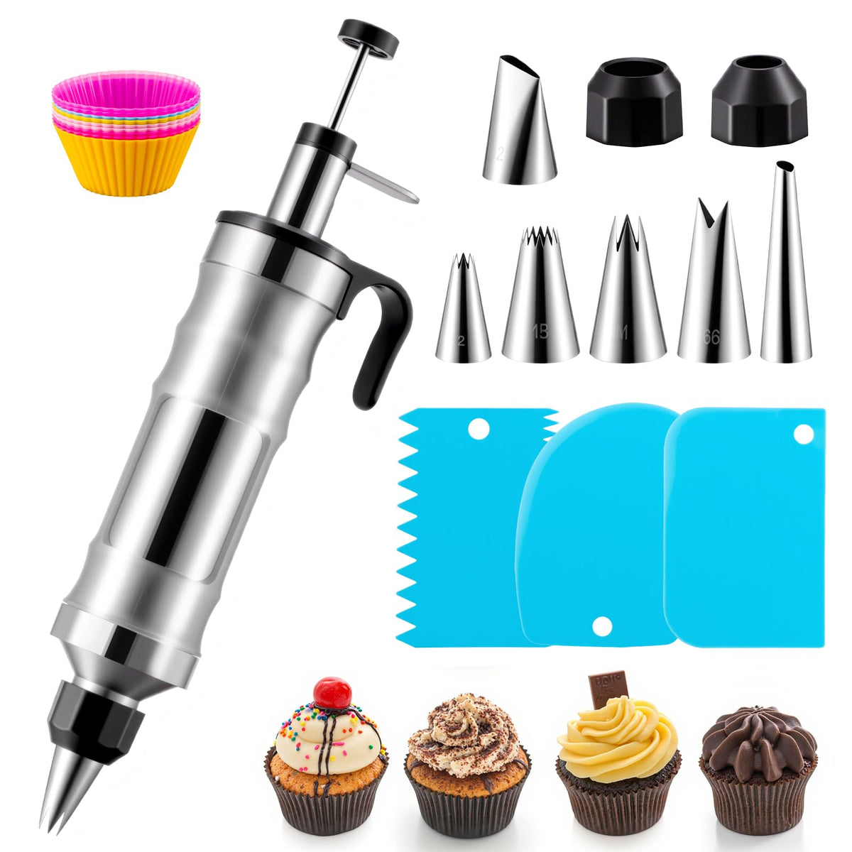 MIKESIER Dessert Decorating Syringe Set, Stainless Steel Frosting & Icing Piping Kit with 6 Tips and 9 Silicone Cupcakes,3 Cream Scraper for Cake Decorating Tools Cupcake Decorating Kit