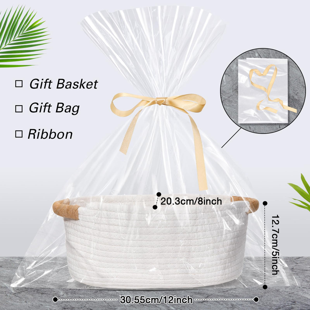 Colingmill Graduation Woven Gift Basket with Gift Bags and Ribbons 12"x8"x5" Empty Cotton Rope Storage Basket for Birthdays Wedding DIY Present(White)