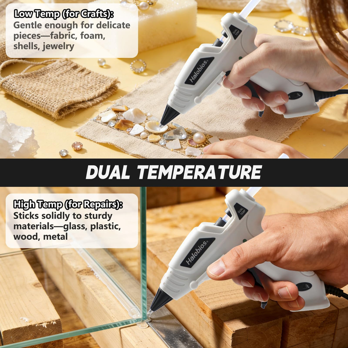 Halobios Mini Dual Temp Hot Glue Gun with 32 Glue Sticks, Quick Preheat Hot Glue Gun, Two Temperatures for DIY, School Craft and Home Repairs (White)
