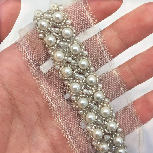 FQTANJU 1 Yard 5 cm Width Pearl Beads Decorative Tape Lace Edge Trim Ribbon,Vintage Style Ivory Edging Trimmings Fabric Embroidered Applique Sewing Craft Wedding Bridal Dress Party Clothes Decor